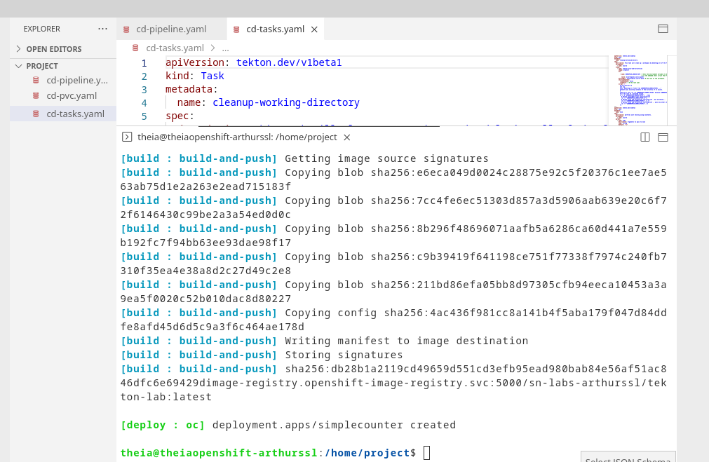 A screeshot of a successful CD pipeline run powered by Tekton