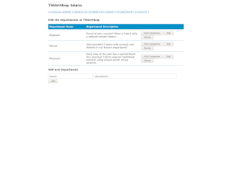 Editing departments - a screenshot of tshirtshop demo website for a book 'Beginning PHP and MySQL E-Commerce From Novice to Professional'