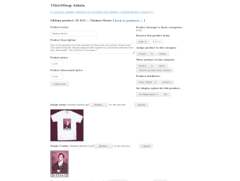 Editing a product - a screenshot of tshirtshop demo website for a book 'Beginning PHP and MySQL E-Commerce From Novice to Professional'