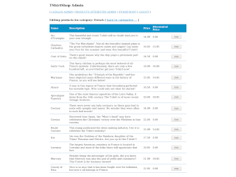 Editing products for a category - a screenshot of tshirtshop demo website for a book 'Beginning PHP and MySQL E-Commerce From Novice to Professional'